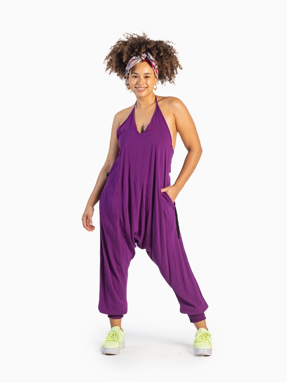 Women’s Purple Halter Harem Jumpsuit Romper Size XL Buddha Pants Plum